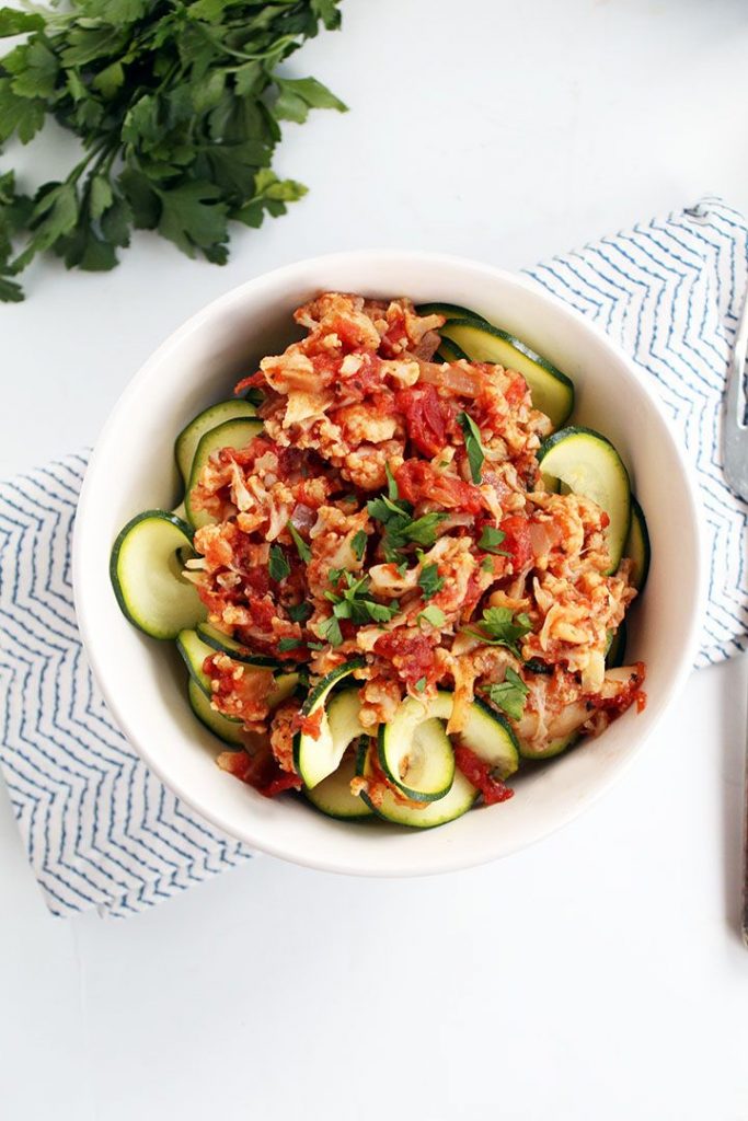 Crockpot Cauliflower Bolognese with Zucchini Noodles via Inspiralized